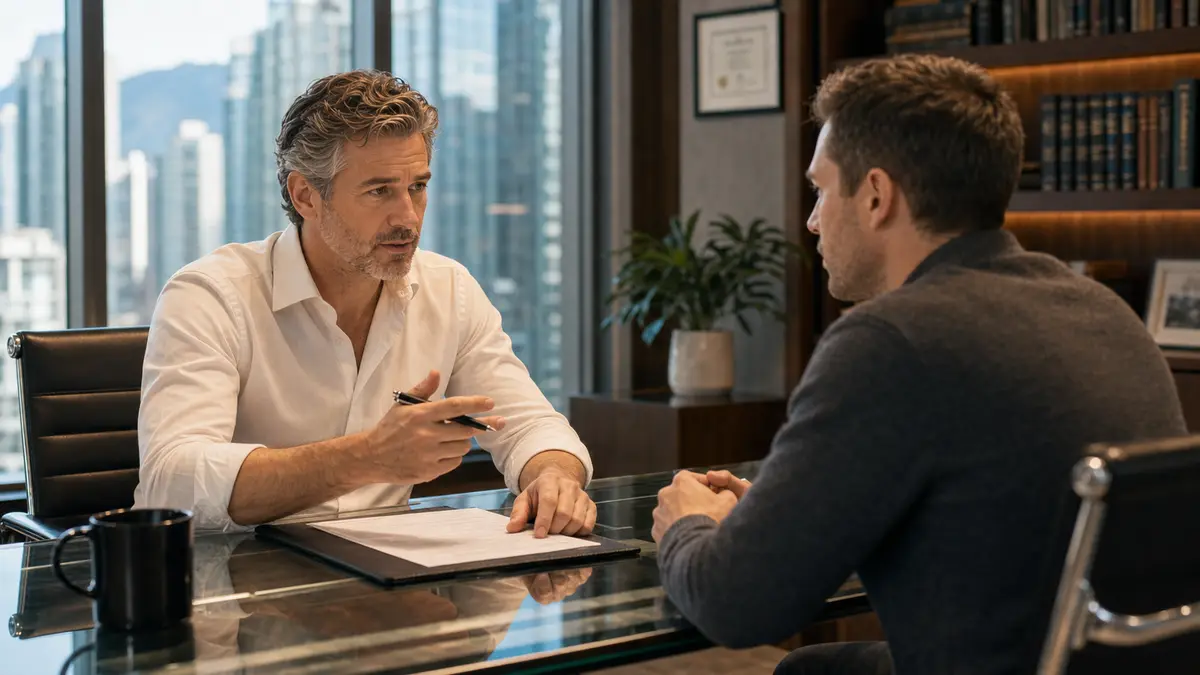 Advisor meeting a client in an office overlooking the city