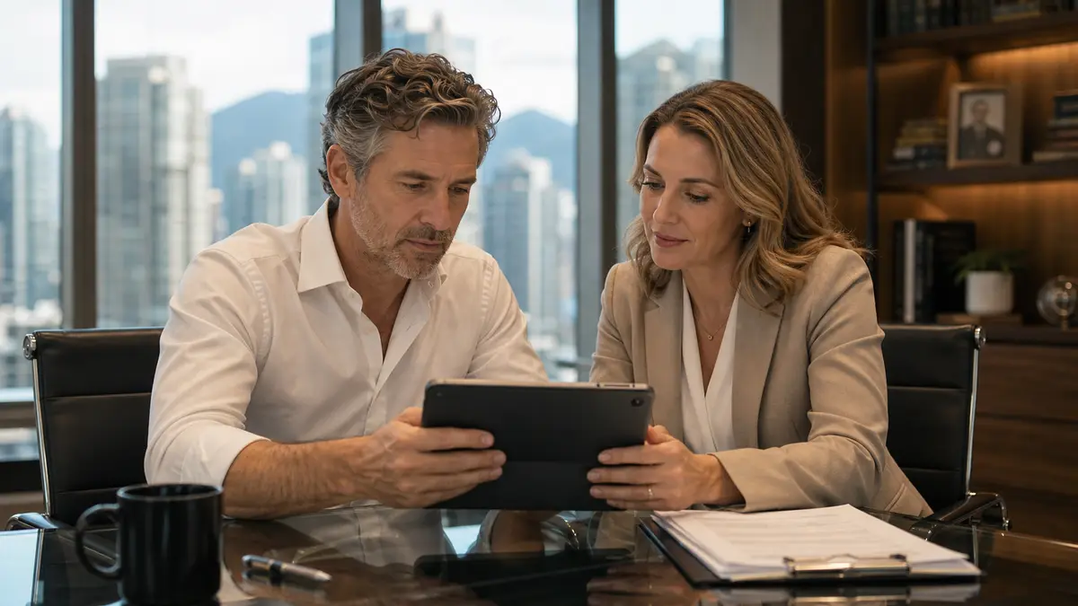 Two immigration professionals reviewing a brief on a tablet