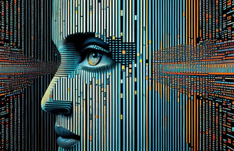Stylised face built from data streams, illustrating generative AI