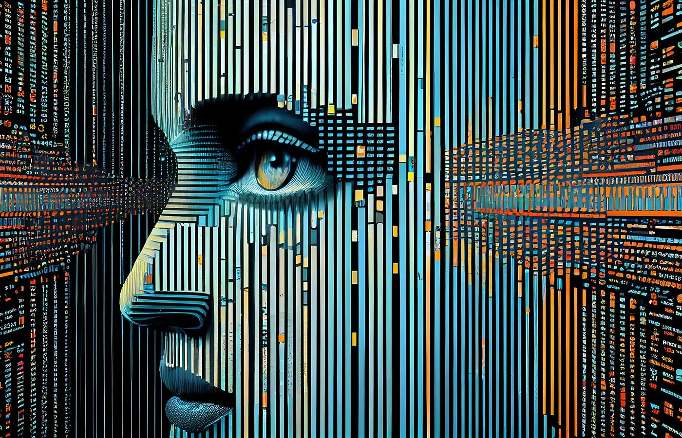 Stylised face built from data streams, illustrating generative AI